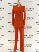 2024春季橘红色女士西装，套装青果领双排扣修身团队职业工作服