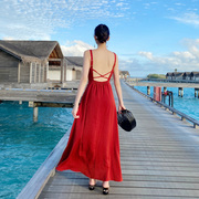 西双版纳沙滩裙女三亚海边度假连衣裙红色性感露背长裙超仙海滩裙