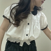 女童波点蕾丝娃娃领短袖衬衫 韩国南大门童装2024夏款上衣008