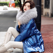 2021冬季蓝色亮面羽绒服女韩版时尚宽松中长款大毛领白鸭绒(白鸭绒)潮