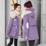 紫色棉服秋冬2022年女装加厚中长款小个子棉袄派克服棉衣外套