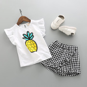 童装夏季装女童休闲菠萝，短袖套装t恤+裙裤方格两件套可爱纯棉