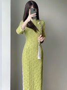 绿色雪尼尔蕾丝旗袍，2023秋季新中式国风改良年轻款少女长袖连衣裙