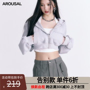 arousal灰色短款卫衣外套美式宽松连帽卫，衣女春季长袖运动外套