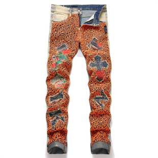 高端刺绣牛仔裤男高街个性橙色网纹贴布复古蓝休闲直筒长裤子朋克