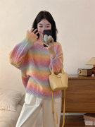 韩国ins渐变色彩虹条纹针织衫女士2023年圆领套头宽松毛衣女上衣