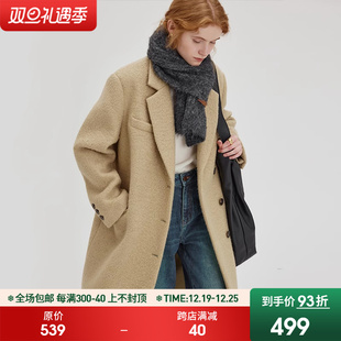 范洛2023经典驼色羊毛呢，大衣女冬季显瘦西装门襟呢外套中长款