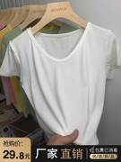 欧货莫代尔短袖白色t恤女夏季修身内搭v领螺纹打底衫上衣小衫