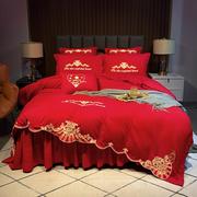 大红色婚庆结婚四件套床上用品15m18米床单床裙床罩被套龙凤刺绣