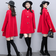 冬季时尚韩版妈妈中年，女装双排扣大红色中长款斗篷型毛呢外套