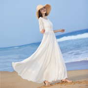2024女气质长裙大摆长款连衣裙夏修身(夏修身)白色，裙子蕾丝拼接沙滩裙