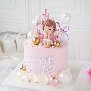 粉色梦幻儿童可爱安妮摆件生日蛋糕，装饰立体卡通城堡派对烘焙插旗