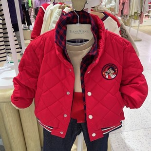 小熊童装2023春男童红色立领夹克假两件棉服外套TKJP231101K