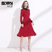 2024年春季红色连衣裙，雪纺长袖撞色翻领收腰显瘦中年气质裙子