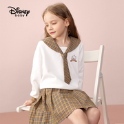 迪士尼女童学院风格子百褶短裙，套装儿童长袖卫衣半身裙子两件套春