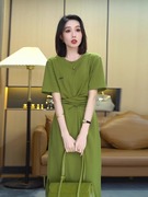 牛油果绿色连衣裙女夏季气质设计感印花绑带收腰显瘦小个子T恤裙