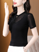 黑色网纱短袖T恤女夏季镂空烫钻时尚蕾丝上衣修身洋气小衫潮