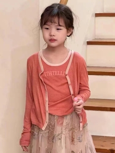 波拉韩国童装2024春女童甜美风亮色系，字母背心+小开衫两件套套装