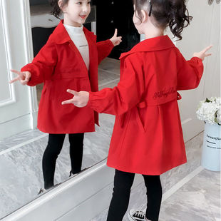 童装女童红色风衣2022春秋中长款上衣中大童加棉加厚洋气外套
