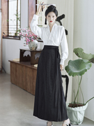 中国风国潮复古秋装二件套 刺绣宽松长袖衬衣+古装黑色半身长裙女