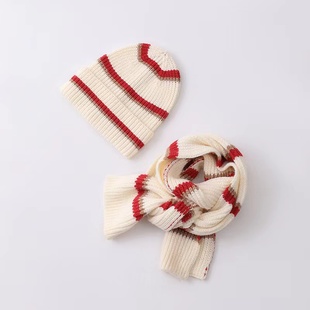 儿童帽子围巾二件套冬季针织条纹，撞色缝标韩国洋气宝宝保暖套装潮