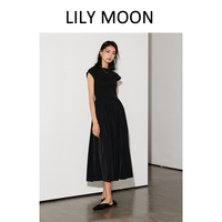 lilymoon夏季法式气质拼接长裙黑色连衣裙收腰a字修身百搭时尚