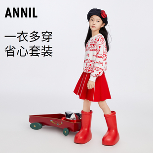 安奈儿女童毛衣裙子套装，2023冬洋气，甜美长袖红色百褶半身裙子