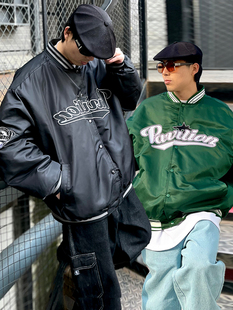 燕子亭原创嘻哈美式hiphop棒球服街头宽松肥大刺绣加棉墨绿黑夹克