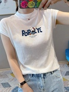 韩国2024年白色t恤女短袖中长款式高领修身纯棉紧身内搭上衣