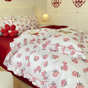 公主风可爱玫瑰花结婚床单四件套大红色被套喜被新婚庆床上用品