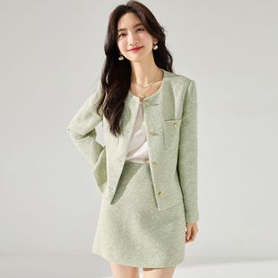 24春清新绿色羊毛呢短外套，精致时尚小香风套装，法式高级感通勤套装