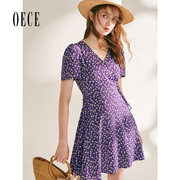 oece夏装女装显白仙紫小碎花复古法式V领高腰短袖连衣裙