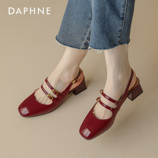 达芙妮玛丽珍鞋女凉鞋，2024夏季真皮，中跟粗跟夏款红漆皮凉单鞋