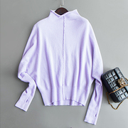 纯色百搭自然半高领宽松慵懒蝙蝠袖韩版显瘦纯羊绒衫针织女 紫蝠