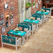 地中海餐桌椅组合实木桌咖啡厅快餐奶茶卡座家用餐桌复古做旧