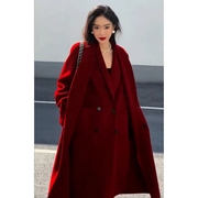 秋冬季红色大衣女2023韩版假两件叠穿外套中长款防寒保暖风衣