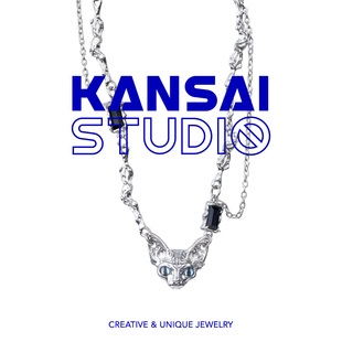 kansai黑宝石猫头拼接项链，冷淡风小众，设计高级感酷潮毛衣链女饰品