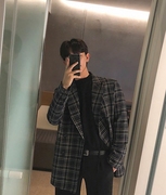 韩国东大门男装英伦，复古格子西装外套双排，扣韩版格纹西服夹克