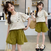 女童夏季棉布套装韩版中大儿童套头短袖，短裤洋气两件套薄款休闲服