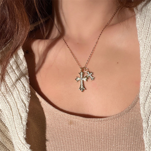 欧美巴洛克复古镀金锆石，微镶双十字架朋克，性感个性百搭毛衣链项链
