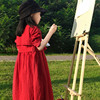 原创设计童装2022女童，文艺棉麻连衣裙长款中大童红色风衣外套