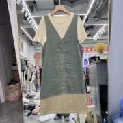 韩国24夏新纯色短袖上衣，不规则扣背心，裙韩版两件套撞色牛仔连衣裙