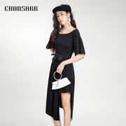 香莎chansarr优雅气质针织镂空花，袖连衣裙别致设计不对称小黑裙