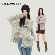 LACRAWFISH 2024韩系慵懒薄款侧开叉破洞长袖镂空毛衣针织衫