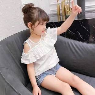 巴拉巴柆女童短袖韩系t恤纯棉夏装，洋气中童装女大童露肩花边