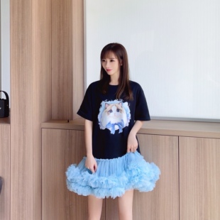 泰国潮牌猫咪宽松显瘦短袖T恤拼接重工网纱蓬蓬裙可爱减龄连衣裙