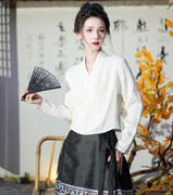 古风搭配马面裙的上衣女装新中式国风衬衫秋季V领长袖汉元素衬衣