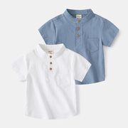 男童夏季短袖衬衣2022儿童V领宝宝纯色衬衫韩版宽松透气上衣