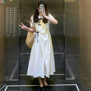 法式白色新中式连衣裙，女夏季小个子国风收腰盘扣长款小白裙子
