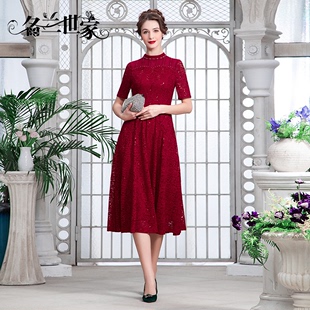 名兰世家原创设计蕾丝连衣裙，春短袖妈妈礼服喜服婚宴红色长裙